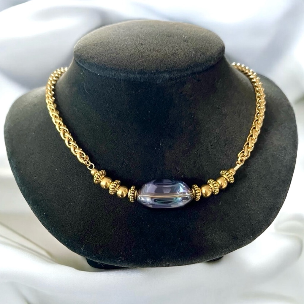 Genuine Black Blue Iridescent Aura Crystal Quartz Gold Steel Boho Necklace 45$